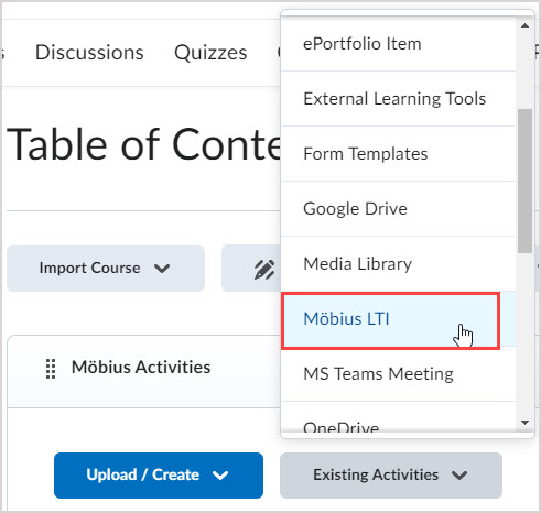 In the Existing Activities dropdown menu, Mobius LTI tool is highlighted.